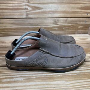 Olukai Men’s 11.5 Kono II Brown Leather Slip On Mule Clog Shoes Embroidered